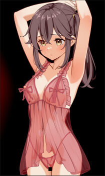 1girl absurdres armpits arms_up bar_censor black_background breasts brown_hair censored commentary english_commentary highres lingerie medium_breasts medium_hair nipples one_side_up otonari-san_(sasaki_to_p-chan) panties red_panties salacia014 sasaki_to_p-chan sidelocks simple_background solo underwear yellow_eyes