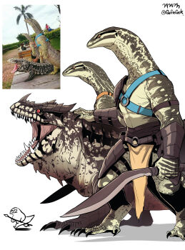 absurdres armor chest_harness claws fantasy gegegekman harness highres horns knife kukri lizardman loincloth o-ring o-ring_harness open_mouth original photo_inset reference_inset shoulder_armor single_horn spikes standing teeth white_background