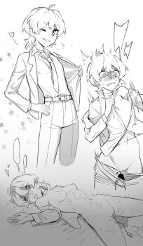 1girl aftersex blush breasts brickbricktyan choker cleft_of_venus cum cum_on_body egg_vibrator fucked_silly greyscale grin hair_between_eyes heart highres jacket lying monochrome multiple_views necktie nipples nude object_insertion on_back one_eye_closed open_clothes open_jacket open_mouth original pants reverse_trap sex_toy shaded_face shirt short_hair simple_background small_breasts smile star_(symbol) sweat tears tomboy tongue tongue_out vaginal vaginal_object_insertion vibrator