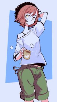 1girl blue_background blush bra_strap cup hat highres holding holding_cup looking_at_viewer mug off_shoulder original pants red_hair shirt short_hair solo standing yamaso