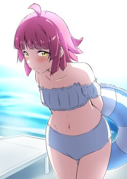 1girl ahoge bikini birthday blush breasts collarbone commentary embarrassed highres looking_at_viewer love_live! love_live!_nijigasaki_high_school_idol_club medium_hair navel pink_hair pool small_breasts solo swimsuit tennoji_rina water white_bikini yellow_eyes zasshoku_ojisan