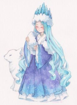 1girl animal aurora_(roco_kingdom) blue_dress blue_hair blush closed_eyes closed_mouth dress full_body fur_trim hair_slicked_back highres holding ice_hat long_hair long_sleeves roco_kingdom painting_(medium) roco_kingdom simple_background solo standing traditional_media very_long_hair watercolor_(medium) white_background wide_sleeves wolf