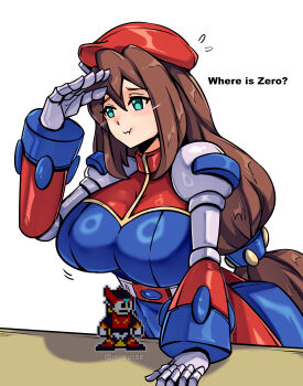 1boy 1girl absurdres android angry armor beret blonde_hair blush breasts brown_hair dress gloves green_eyes hair_between_eyes hat helmet highres iris_(mega_man) joints jrpulse large_breasts long_hair low-tied_long_hair mega_man_(series) mega_man_x_(series) mega_man_zero_(series) mini_person miniboy pixel_art red_armor red_helmet robot_girl robot_joints very_long_hair white_gloves zero_(mega_man)