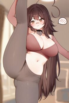 1girl ahoge bandaid bandaid_on_face bandaid_on_nose blurry blurry_background breasts brown_eyes brown_hair brown_leggings choker cleavage closed_mouth commentary_request crop_top cropped_shirt hair_between_eyes hair_intakes heart heart_ahoge heart_choker highres huge_ahoge indie_virtual_youtuber large_breasts leggings long_hair navel pink_shirt shirt sky_above_me sky_above_me_(vtuber) solo split spoken_blush standing standing_on_one_leg standing_split stomach virtual_youtuber