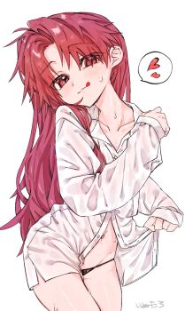 :q black_panties brown_eyes brown_hair collarbone commentary_request hair_down heart highres long_hair long_sleeves navel panties partially_unbuttoned see-through_clothes see-through_shirt shirai_kuroko shirt signature spoken_heart toaru_kagaku_no_railgun toaru_majutsu_no_index tongue tongue_out underwear very_long_hair wet wet_clothes wet_shirt white_background yamadaaaaa_46