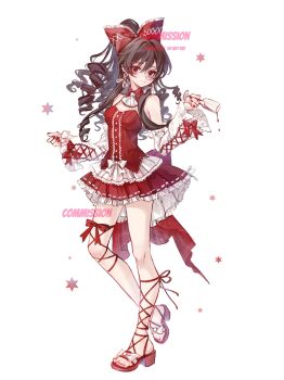 1girl 80isiiii adapted_costume ascot bare_shoulders bow breasts brown_hair center_frills chinese_commentary closed_mouth commentary_request commission cup curly_hair detached_collar detached_sleeves drinking_glass frilled_bow frills full_body hair_between_eyes hair_bow hakurei_reimu highres holding holding_cup leg_ribbon long_hair long_sleeves looking_at_viewer medium_breasts miniskirt ponytail red_bow red_eyes red_nails red_ribbon red_shirt red_shoes red_skirt ribbon ribbon-trimmed_sleeves ribbon_trim shirt shoes simple_background six_pointed_star skirt smile solo spilling standing standing_on_one_leg star_(symbol) touhou two-tone_skirt watermark white_ascot white_background white_bow white_skirt white_sleeves wine_glass