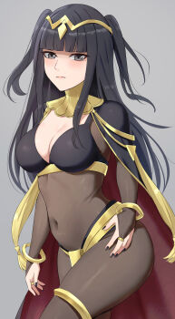 1girl absurdres amayo_thranana black_eyes black_hair black_nails blunt_bangs bodystocking breasts bridal_gauntlets circlet commentary_request commission covered_navel cowboy_shot expressionless fire_emblem fire_emblem_awakening grey_background highres large_breasts long_hair nail_polish nintendo see-through_bridal_gauntlets see-through_clothes simple_background skeb_commission solo tharja_(fire_emblem) thick_thighs thighs tiara two_side_up