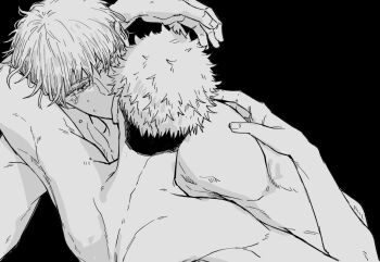 Rule 34 | 2boys, arm on another's shoulder, arm up, black background, blush, commentary request, french kiss, gojou satoru, greyscale, itadori yuuji, jujutsu kaisen, kiss, male focus, monochrome, multiple boys, nay bb, nude, short hair, simple background, sweat, undercut, yaoi
