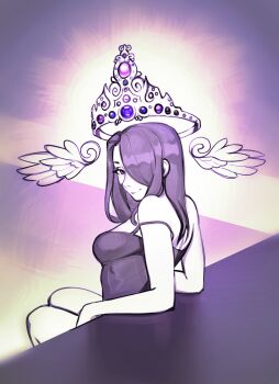 1girl bare_shoulders black_camisole black_hair breasts camisole closed_mouth commentary crown detached_wings elbow_rest floating_crown gem glowing hair_over_one_eye head_wings highres large_breasts long_hair looking_at_viewer looking_back nila_(telepurte) original purple_theme sitting smile solo strap_slip telepurte wings