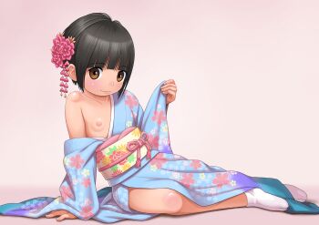 1girl anda_daichi arm_at_side arm_support belt black_hair blue_kimono blunt_bangs blush bob_cut breasts brown_eyes closed_mouth collarbone curled_fingers flatcheez floral_print floral_print_kimono flower full_body furisode furisode_sleeves gradient_background gravure grey_background hair_flower hair_ornament hand_up highres japanese_clothes kimono leaning_back light_blush light_smile lips loli looking_at_viewer lounging nipples no_bra obi obijime off_shoulder onodera_sayaka open_clothes open_kimono original paid_reward_available photo_shoot pink_flower print_kimono sash short_hair single_bare_shoulder sitting small_breasts socks solo tabi thighs white_socks wide_sleeves yellow_belt yellow_sash yokozuwari