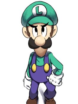 1boy blue_overalls brown_hair facial_hair gloves green_hat green_shirt hat highres looking_at_viewer luigi male_focus mari_luijiroh mario_&amp;_luigi_rpg mario_(series) masanori_sato_(style) mustache nintendo overalls shirt short_hair simple_background solo white_background white_gloves