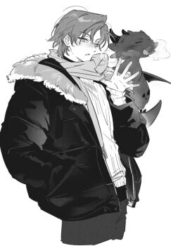 Rule 34 | 1boy, alternate costume, blush, breath, cale henituse, cold, cropped legs, down jacket, dragon, dragon horns, fur-trimmed jacket, fur trim, greyscale, hand in pocket, hand up, horns, jacket, long sleeves, looking at viewer, lout of count's family, male focus, monochrome, open clothes, open jacket, open mouth, pants, panza, raon miru, scarf, short hair, simple background, solo, sweater, waving, white background, winter, winter clothes