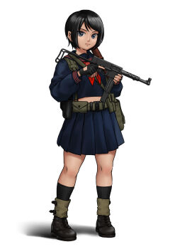 1girl ammunition_pouch barrel_shroud belt black_gloves black_hair blue_eyes boots combat_boots eyelashes fingerless_gloves gloves gun highres holding holding_gun holding_weapon holster mardjan mat-49 midriff original pleated_skirt pouch school_uniform shadow short_hair shoulder_strap simple_background skindentation skirt socks submachine_gun trigger_discipline weapon