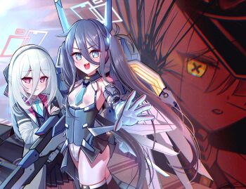 3girls aqua_necktie aris_(armed)_(blue_archive) aris_(blue_archive) bare_shoulders black_bow black_hairband black_skirt black_suit black_thighhighs blue_archive blue_eyes blue_hair blue_halo blush bodysuit bow breasts collared_shirt commentary_request formal_clothes glowing gun hair_between_eyes hairband halo hat head_bow highres holding holding_gun holding_weapon jacket kei_(blue_archive) korean_commentary long_hair long_hair_between_eyes looking_at_viewer malkuth_(blue_archive) mecha_musume mecha_pilot_suit mechanical_arms mechanical_ears mechanical_wings multiple_girls necktie open_mouth pink_eyes pink_halo pleated_skirt railgun rifle shirt skirt small_breasts smile solharuu standing suit symbol-shaped_pupils thighhighs twintails very_long_hair weapon white_bodysuit white_hair white_jacket white_shirt wings x-shaped_pupils yellow_eyes