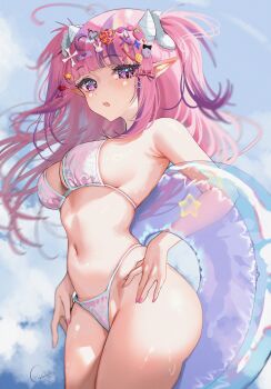 1girl absurdres artist_name bikini blush breasts hair_ornament hairclip highleg highleg_bikini highres horns ironmouse long_hair looking_at_viewer medium_breasts navel pink_hair pointy_ears purple_eyes rosebell signature solo swimsuit virtual_youtuber vshojo