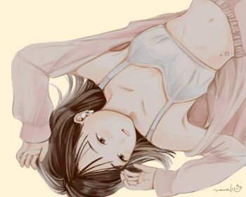 Rule 34 | 1girl, bra, brown hair, cardigan, commentary request, grey eyes, hair spread out, hands up, highres, long hair, lying, navel, nena labo, no pants, on back, open cardigan, open clothes, original, panties, parted lips, pink cardigan, pink panties, signature, simple background, smile, solo, stomach, stomach tattoo, tattoo, underwear, upper body, white bra, yellow background