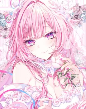 Rule 34 | 1girl, alternate costume, bare shoulders, breasts, cleavage, closed mouth, commentary, cyrene (demiurge) (honkai: star rail), cyrene (honkai: star rail), floral background, flower, hair ornament, highres, holding, holding flower, honkai: star rail, honkai (series), long hair, looking at viewer, pink flower, pink hair, pink nails, pink rose, pointy ears, purple eyes, rose, smile, symbol-only commentary, symbol-shaped pupils, taya oco