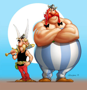 2boys asterix asterix_and_obelix belt blonde_hair brown_shoes fat fat_man hat horned_hat horns looking_at_viewer multiple_boys muscular muscular_male nose obelix one_eye_closed red_hair shoes single_horn smile sword weapon winged_hat wings