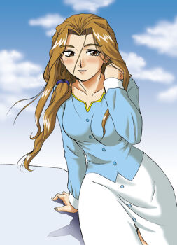 1girl blush breasts brown_eyes brown_hair cloud day dual!_parallel_trouble_adventure female_focus long_hair outdoors rara_mitsuki sky solo wind