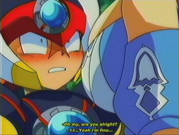 Rule 34 | 1990s (style), 1boy, 1girl, android, armor, axl (mega man), black armor, black helmet, blue dress, blush, breasts, brown hair, chest jewel, clenched teeth, commentary, cross scar, detached sleeves, dress, english commentary, faux retro artstyle, forehead jewel, forest, frown, green eyes, helmet, highres, horse girl, large breasts, lueduar, mega man (series), mega man x (series), nature, outdoors, red helmet, retro artstyle, robot, scar, shoulder armor, spiked hair, super creek (murmuring stream) (umamusume), super creek (umamusume), teeth, umamusume, vhs artifacts