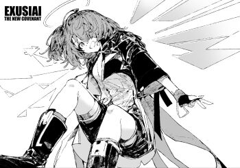 1girl arknights boots character_name chiriejjiyo commentary detached_wings energy_wings exusiai_(arknights) exusiai_the_new_covenant_(arknights) fingerless_gloves gloves greyscale grin hair_over_one_eye halo highres looking_at_viewer monochrome shorts smile solo wings