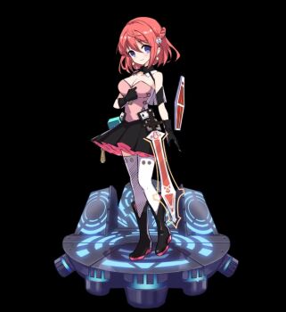 1girl black_background black_boots black_collar black_gloves blue_eyes boots braid breasts cleavage closed_mouth collar collarbone detached_collar dress earrings full_body gloves hair_between_eyes half_up_braid highres holding holding_sword holding_weapon jewelry large_breasts melia_(merc_storia) merc_storia merc_storia_art_team official_art red_hair sidelocks simple_background smile solo standing strapless strapless_dress sword tachi-e thighhighs weapon white_thighhighs