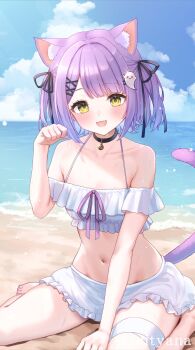 Rule 34 | 1girl, animal ear fluff, animal ears, beach, bell, bikini, black ribbon, blush, breasts, cat ears, cat tail, choker, cloud, collarbone, commentary request, fang, frilled bikini, frills, ghost hair ornament, hair ornament, hairpin, highres, looking at viewer, multiple hairpins, navel, neck bell, on floor, open mouth, paw pose, purple hair, purple ribbon, reityana, ribbon, shinomiya runa, short hair, sitting, small breasts, stomach, sweat, swimsuit, tail, thigh strap, two side up, virtual youtuber, vspo!, wariza, white bikini, x hair ornament, yellow eyes