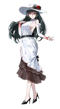 1girl absurdres astra_yao bare_shoulders black_hair black_ribbon black_shoes breasts closed_mouth dress earrings flower hand_on_own_chest hat highres jewelry large_hat long_hair looking_at_viewer pearl_choker red_eyes red_nails ribbon rose see-through_clothes shoes sideboob simple_background smile solo t3ku uneven_bangs white_background white_dress white_hat white_ribbon zenless_zone_zero