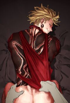 Rule 34 | 2boys, all fours, ass, back tattoo, blackout tattoo, blonde hair, clothes pull, earrings, enjin (gachiakuta), from behind, gachiakuta, hand on another's hip, highres, jewelry, looking at viewer, looking back, male focus, multiple boys, multiple tattoos, necklace, pov, red tank top, sex, sex from behind, shirt pull, smokerichi, tank top, tattoo, undercut, yaoi