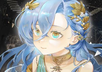 Rule 34 | 1girl, 37 (reverse:1999), absurdres, bare shoulders, black background, blue eyes, blue hair, collarbone, floating stairs, geometry, gold choker, hair between eyes, highres, laurel crown, long hair, math, portrait, qiucaotou, reverse:1999, solo, very long hair