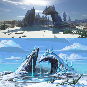 Rule 34 | benii21, cliff, cloud, frozen lake, highres, ice spikes, landscape, minecraft, no humans, outdoors, snow