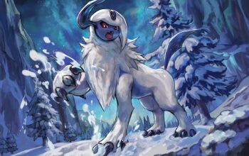 absol animal_nose aurora black_skin breath bright_pupils claws colored_skin fangs from_below full_body gen_3_pokemon horns looking_at_viewer mane neck_fur nintendo no_humans open_mouth pokemon pokemon_(creature) pokemon_focus red_eyes sabamiso_taro single_horn snow snow_on_tree solo tail tree white_fur white_pupils