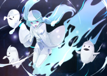 Rule 34 | 1girl, colored skin, ghost, hatsune miku, japanese clothes, kimono, long hair, looking at viewer, nejikyuu, obake no ukenerai (vocaloid), open mouth, pink eyes, sash, shiroshouzoku, solo, tongue, tongue out, triangular headpiece, very long hair, vocaloid