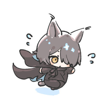 1boy animal_ears arknights blush_stickers brown_eyes brown_hair brown_jacket brown_pants chibi closed_mouth colored_shadow flying_sweatdrops full_body hair_over_one_eye jacket male_focus myluche pants phantom_(arknights) running shadow simple_background solo tail tragodia_(arknights) white_background