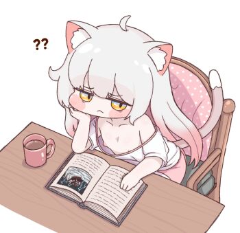 1girl :< ahoge animal_ears blush_stickers book cat_ears cat_girl cat_tail chair chibi chibi_only closed_mouth coffee coffee_mug collarbone commentary_request cup dolphin_shorts downblouse fewer_digits flat_chest from_above gradient_hair grey_hair jitome kommy_(trickcal) korean_commentary long_hair mug multicolored_hair nipple_slip nipples off_shoulder open_book pink_hair pink_shorts shirt shorts simple_background single_bare_shoulder siruyang sitting solo t-shirt table tail trickcal white_background white_shirt yellow_eyes