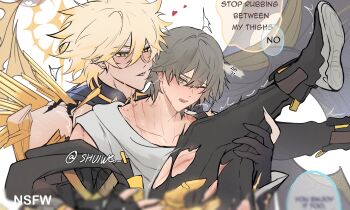 2boys absurdres alternate_form artist_name asymmetrical_wings bite_mark black_boots black_coat black_gloves black_pants blonde_hair blush boots caelus_(honkai:_star_rail) claws coat collarbone english_text fingerless_gloves gauntlets gloves grey_hair hair_between_eyes half-closed_eyes halo halo_behind_head heart highres honkai:_star_rail honkai_(series) hood hooded_coat huffing injury legs_up long_sleeves looking_at_another male_focus moaning multiple_boys official_alternate_eye_color official_alternate_hair_color one_eye_closed open_clothes open_coat open_mouth pants partially_fingerless_gloves phainon_(honkai:_star_rail) phainon_(khaslana)_(honkai:_star_rail) saliva saliva_trail sex shirt short_hair shoulder_spikes shuiwe simple_background single_gauntlet speech_bubble spikes star-shaped_pupils star_(symbol) sweat symbol-shaped_pupils t-shirt teeth tongue tongue_out torn_clothes torn_pants trailblazer_(honkai:_star_rail) upper_body white_background white_shirt wings yaoi yellow_eyes