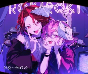 1boy 1girl \m/ araki_(utaite) bracelet choker curtained_hair fang hair_between_eyes hanaseto hand_up hashtag-only_commentary highres index_finger_raised indie_utaite jacket jewelry looking_at_viewer nail_polish nqrse pink_eyes pink_hair red_eyes red_hair short_hair smile teeth tongue tongue_out upper_body upper_teeth_only utaite