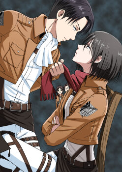 1boy 1girl affair ascot bad_tag betrayal black_eyes black_hair brown_hair cheating_(relationship) clothes_grab crossed_arms disgrace disgust eren_yeager eye_contact glasses hange_zoe highres incest incestuous incestus infidelity levi_(shingeki_no_kyojin) llmonakall looking_at_another mikasa_ackerman military military_uniform neckwear_grab netorare out_of_character scarf scarf_grab shingeki_no_kyojin short_hair unfaithful