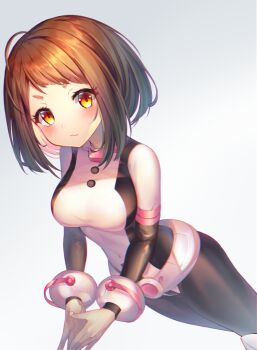 Rule 34 | 1girl, belt, black bodysuit, blush, blush stickers, bodysuit, boku no hero academia, breasts, brown eyes, brown hair, commentary request, female focus, large breasts, long sleeves, looking at viewer, medium breasts, merryj, multicolored bodysuit, pink bodysuit, short hair, sidelocks, simple background, skin tight, solo, uraraka ochako, uraraka ochako (hero outfit), wavy mouth, white background, white bodysuit