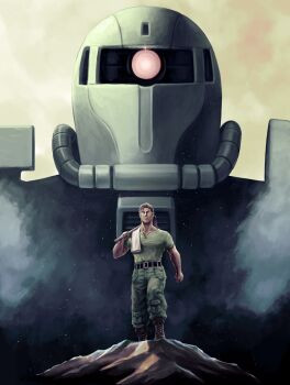 1boy absurdres belt cucuruz_doan facial_hair green_pants green_shirt gundam highres hoe male_focus mecha mobile_suit_gundam mobile_suit_gundam:_cucuruz_doan's_island over_shoulder pants poster_parody quality robot sakkan shirt stubble towel towel_on_one_shoulder zaku_ii zipper