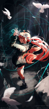 1girl absurdres ahoge ankle_boots bird black_boots black_jacket boots bright_pupils commentary commission commissioner_name dire_illus full_body hair_ornament hands_up highres holding holding_sword holding_weapon jacket legs long_hair long_sleeves making-of_available original ponytail red_eyes red_hair socks solo standing sword twitter_username vgen_commission weapon white_bird white_pupils white_socks