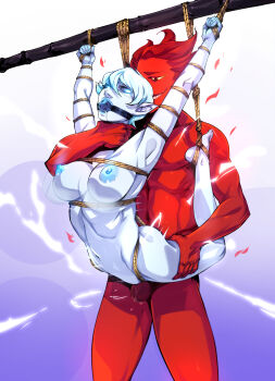 1boy 1girl absurdres arms_up ball_gag barefoot bdsm breasts colored_sclera colored_skin commission copyright_request gag grin hetero highres large_breasts momdadno navel nipples pink_background rape red_skin sex sex_from_behind short_hair smile standing standing_sex teeth testicles white_background white_hair white_skin yellow_sclera