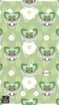 animal_focus bow bowtie cat closed_mouth flower green_fur highres looking_at_viewer meme_(sleepsheep) nintendo no_humans pink_bow pink_bowtie pokemon pokemon_(creature) pokemon_focus red_eyes smile sprigatito