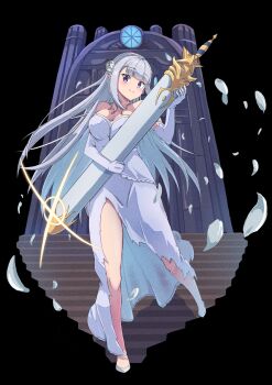 1girl bare_shoulders black_background blunt_bangs blush braid breasts cleavage closed_mouth collarbone commentary_request crown_braid door dress elbow_gloves elf emilia_(re:zero) falling_petals flower full_body gloves grey_hair hair_flower hair_ornament highres holding holding_sword holding_weapon jewelry large_breasts long_hair looking_at_viewer necklace official_alternate_costume onabe915 petals pointy_ears purple_eyes re:zero_kara_hajimeru_isekai_seikatsu shoes simple_background smug solo stairs stone_stairs strapless strapless_dress sword torn_clothes torn_dress unsheathed very_long_hair walking weapon white_dress white_flower white_gloves white_shoes