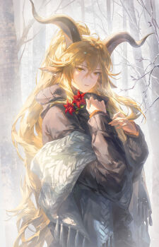 1girl ahoge animal_ears arknights asymmetrical_sidelocks black_sweater blonde_hair branch breasts breath commentary day degenbrecher_(arknights) english_commentary flower forest goat_ears goat_girl goat_horns hair_between_eyes hair_flowing_over helen_zzhao highres holding holding_flower horns large_breasts leaf long_hair long_sleeves looking_at_viewer nature outdoors parted_lips red_flower ribbed_sweater scarf sidelocks snow snowing solo sweater tassel tree twitter_username very_long_hair white_scarf yellow_eyes