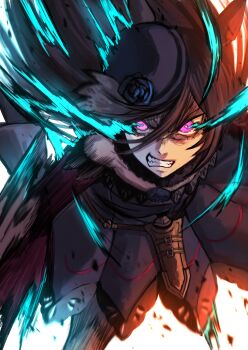 Rule 34 | 1girl, absurdres, animal ears, bare shoulders, black thighhighs, blue flower, blue hat, blue rose, brown hair, clenched teeth, dagger, dress, eye trail, fascinator, flipped hair, flower, fur choker, hair over one eye, hasewo, hat, hat flower, highres, horse ears, horse girl, knife, light trail, long hair, long sleeves, looking at viewer, off-shoulder dress, off shoulder, open mouth, purple eyes, rice shower (rosy dreams) (umamusume), rice shower (umamusume), rose, running, sheath, sheathed, solo, teeth, thighhighs, tilted headwear, umamusume, weapon