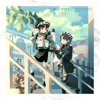 3d_glasses 4girls :o absurdres an-an_lee backpack bag bell_jar beret black_boots black_choker black_dress black_gloves black_hair black_hat black_skirt blue_sky boots border branch brown_eyes cape chin_strap choker clothes_writing cloud coat creature cup day disposable_cup dress drinking_straw eyewear_on_head food full_body gloves green_jacket green_overalls hat highres holding holding_cup holding_drinking_straw holding_food jacket lamppost lantern leg_up liang_yue_(reverse:1999) loggerhead_(reverse:1999) long_hair looking_at_another low_twintails medium_hair miniskirt movie_camera multiple_girls noire_(reverse:1999) object_head on_stairs outdoors overalls paper_lantern police police_uniform policewoman ponytail qiangliang_(reverse:1999) railing reverse:1999 shirt short_dress side_cape sitting skirt sky socks stairs steamed_bun thigh_boots tn_kn1000 turning_head twintails walking watermark wheelchair white_border white_cape white_shirt white_socks yellow_coat yin_yang