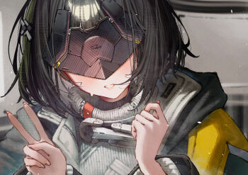 1girl arknights arknights:_endfield betabeet black_coat black_hair black_mask blush close-up coat commentary endministrator_(arknights) eye_mask female_endministrator_(arknights) fingernails hands_up highres light_particles mask short_hair smile solo sweater turtleneck turtleneck_sweater upper_body v white_sweater