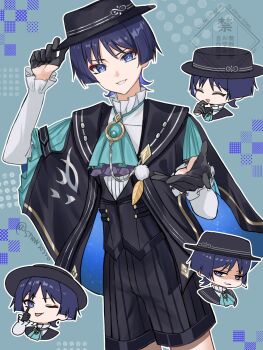 Rule 34 | 1boy, :p, akanbe, aqua ascot, aqua background, ascot, black cloak, black gloves, black hat, black shorts, black vest, blue eyes, blunt ends, boater hat, bright pupils, cloak, closed eyes, dress shirt, eyelid pull, eyeliner, eyeshadow, facing to the side, finger to eye, formal clothes, frilled ascot, frilled shirt collar, frilled sleeves, frills, genshin impact, gloves, gold trim, half-closed eyes, half gloves, hand on own chin, hat, highres, layered ascot, long sleeves, makeup, male focus, offering hand, official alternate costume, one eye closed, open hand, purple ascot, red eyeliner, red eyeshadow, scaramouche (genshin impact), shaded face, shirt, shorts, smile, smirk, snow20200, solo, striped clothes, striped shorts, tongue, tongue out, tsurime, twitter username, undershirt, vest, wanderer (genshin fes 2026) (genshin impact), wanderer (genshin impact), watermark, white pupils, white shirt, white sleeves, white trim, wispy bangs