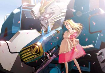 1girl alice's_adventures_in_wonderland alice_(alice_in_wonderland) apron back_bow blonde_hair blue_sky bow brooch cherry_blossoms closed_mouth commentary crossover day dress ex-s_gundam falling_petals frilled_apron frills glint green_eyes gun gundam gundam_sentinel hairband highres holding holding_gun holding_weapon jewelry long_hair mecha mobile_suit outdoors petals pink_dress pink_hairband puffy_short_sleeves puffy_sleeves robot short_sleeves sky standing sunlight tatsuya1227 weapon weapon_request white_apron white_bow
